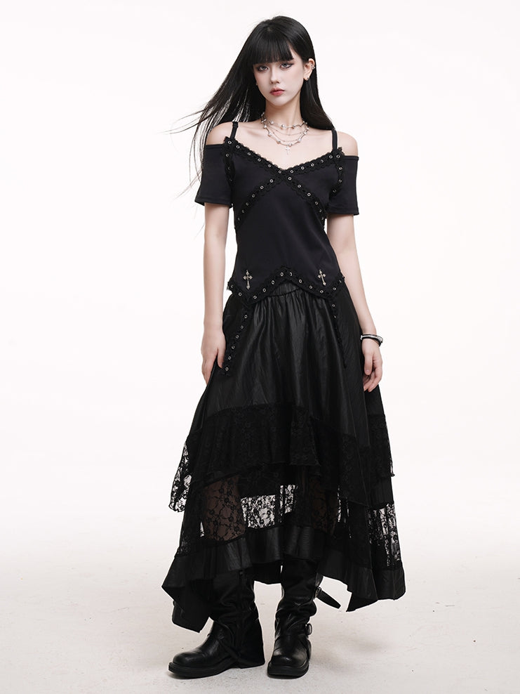 Black Elastic Waist Asymmetrical Hem Lace Patches Skirt