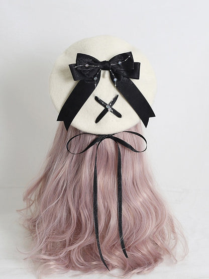 Cute Lolita Off-White Beret With 6-Color Optional Bowknot Ribbon