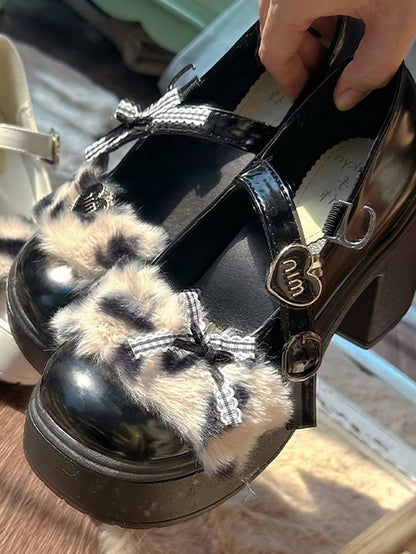 Black Detachable Bowknot and Sweetheart Platform Block Heel Mary Janes