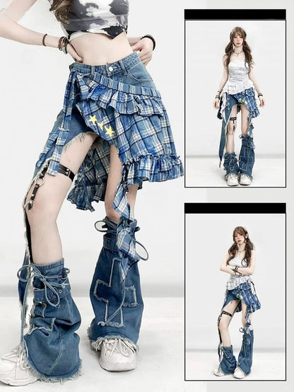 Blue Bittersweet Glamorous Set- Asymmetrical Hem Shorts + Plaid Pattern Star Print Skirt + Cross Applique Leg Warmers