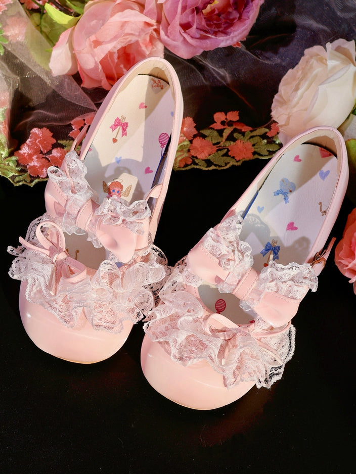 Pink Bowknot Details Lace Trim Round Toe Lolita Shoes
