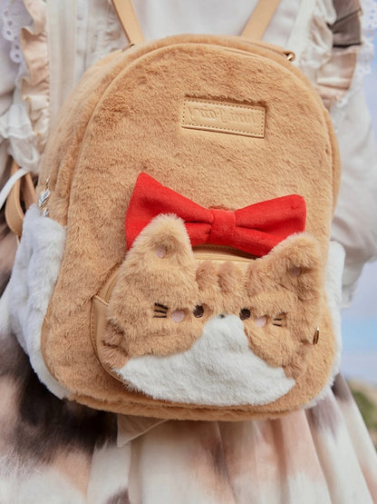 Orange & White Plush Cute Kitty Design Backpack with Bowknot
