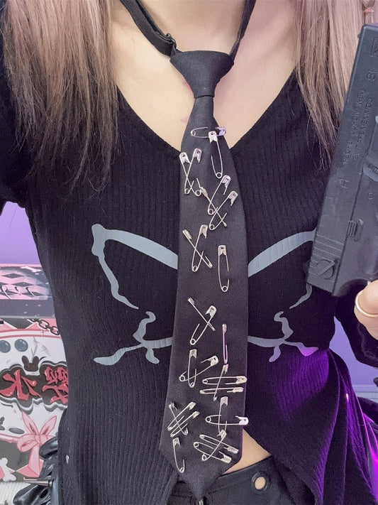 Black Y2K Pin Details Neck Tie