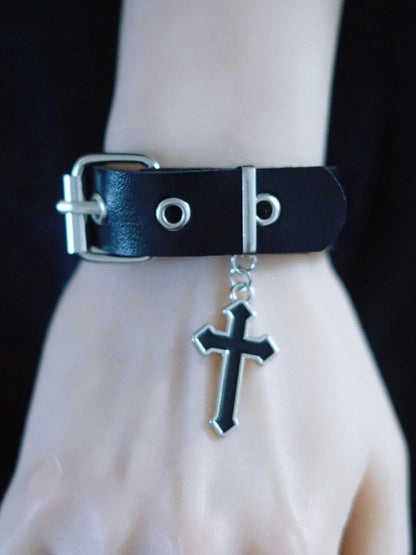 Black Gothic Cross Charm Buckle Bracelet