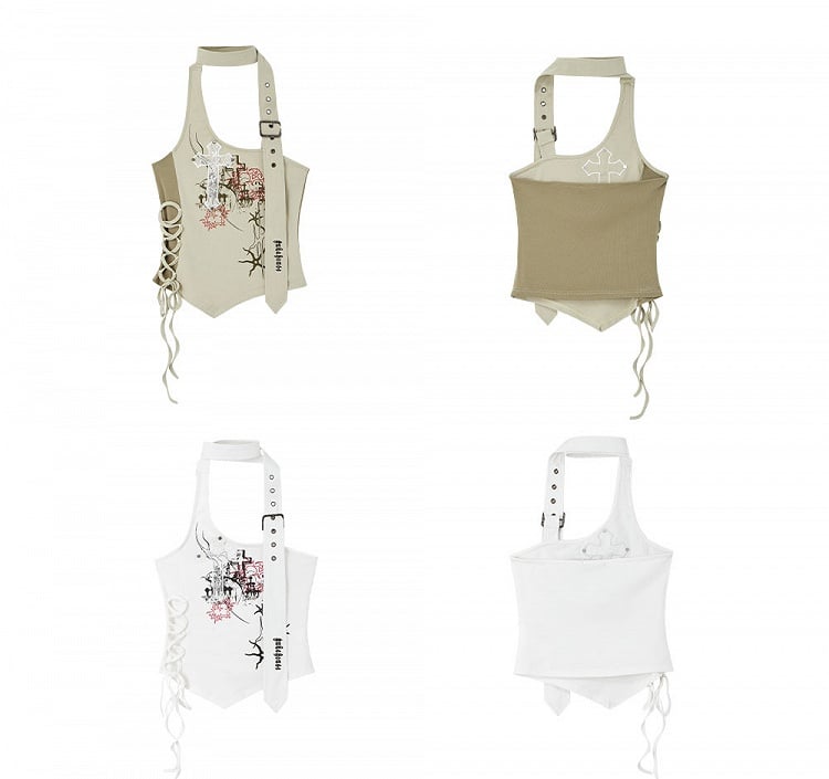 Cross Applique White Halter Neck Top Lace-up Detail