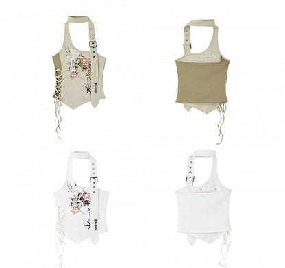 Cross Applique White Halter Neck Top Lace-up Detail
