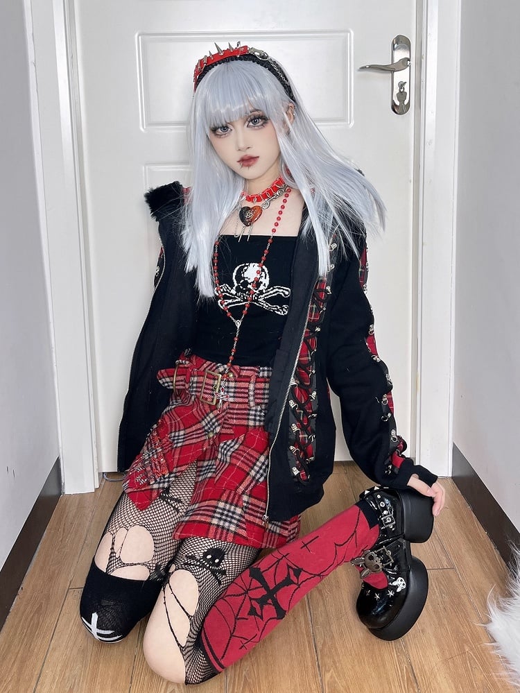 Studs Polished Black Platform Mary Janes with Skeleton Rabbit Buckles