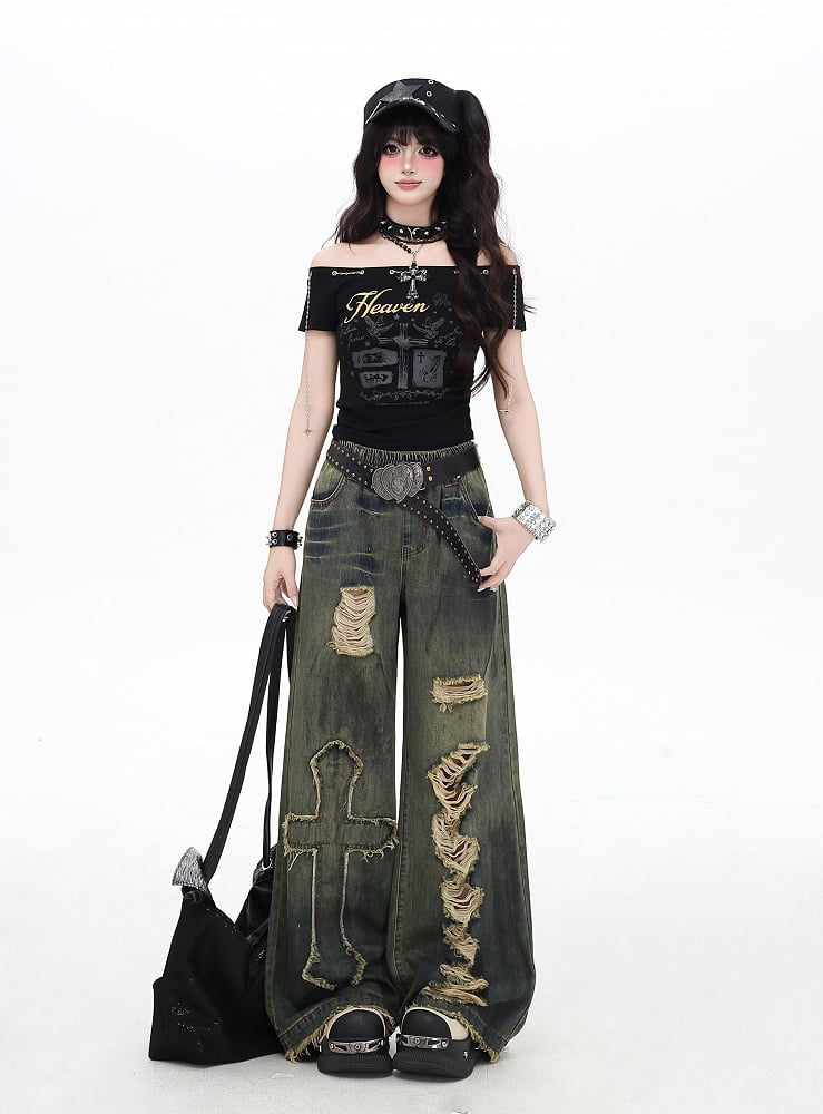 Y2K Cross Applique Blue Distressed Holes Vintage Wide-Leg Jeans