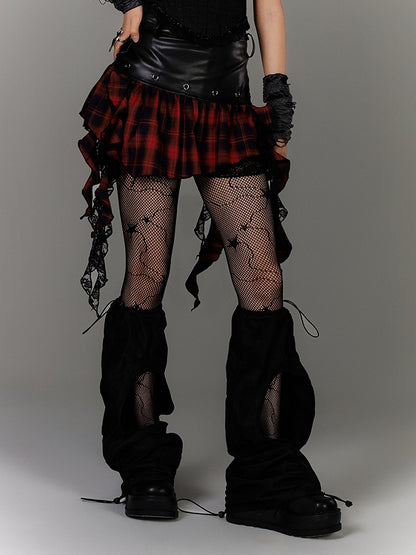 Y2K Asymmetrical Ruffled Red Plaid Hem Black PU Punk Skirt