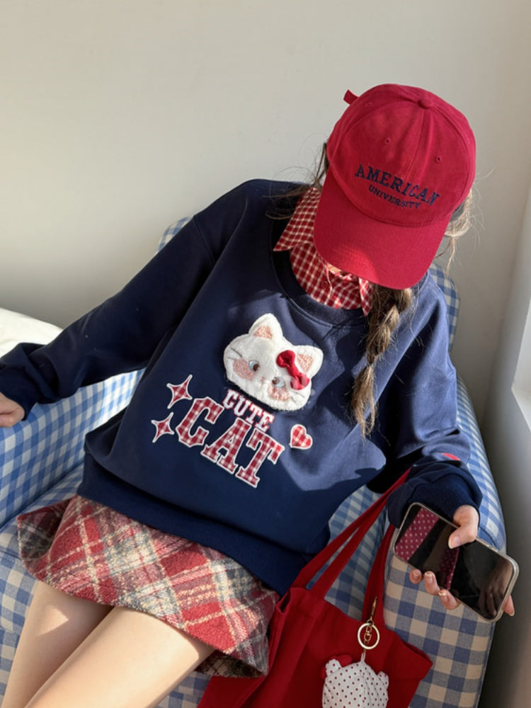 Kitty Embroidery Applique Navy Blue Sweatshirt with Detachable Red Plaid Collar