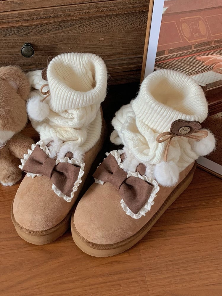 Stockings Design Bow at Top Brown Platform Boots