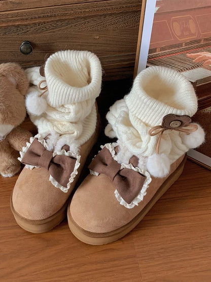 Stockings Design Bow at Top Brown Platform Boots