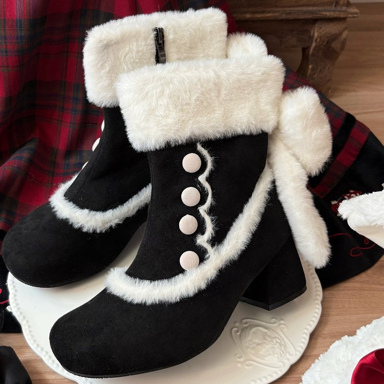 Black Sweet Lolita Mid-Calf Boots - Button Accents, Plush Bow & Furry Cuff with Inner Zip