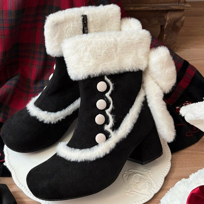 Black Sweet Lolita Mid-Calf Boots - Button Accents, Plush Bow & Furry Cuff with Inner Zip