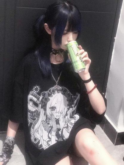 Black&White Jirai Kei Cartoon Girl Print Round Neck T-shirt