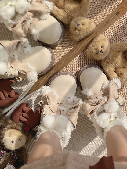 Sweet Lolita Beige 3cm Flat Sole Ankle Boots - Plush Lining, Star Patches & Apricot Bow Accents