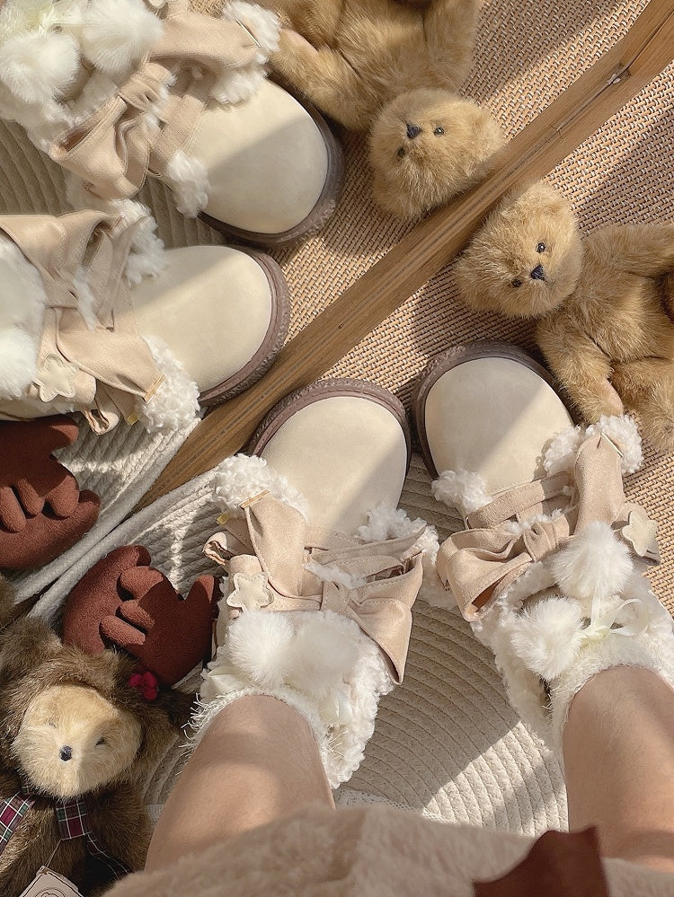 Sweet Lolita Beige 3cm Flat Sole Ankle Boots - Plush Lining, Star Patches & Apricot Bow Accents