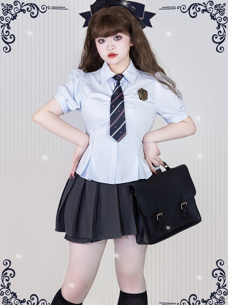 Plus Size Friendly Blue Short Puff Sleeves Shirt with Tie