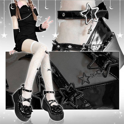 Star Buckles Polished Black Platforms Silver-tone Studs Bow at Top