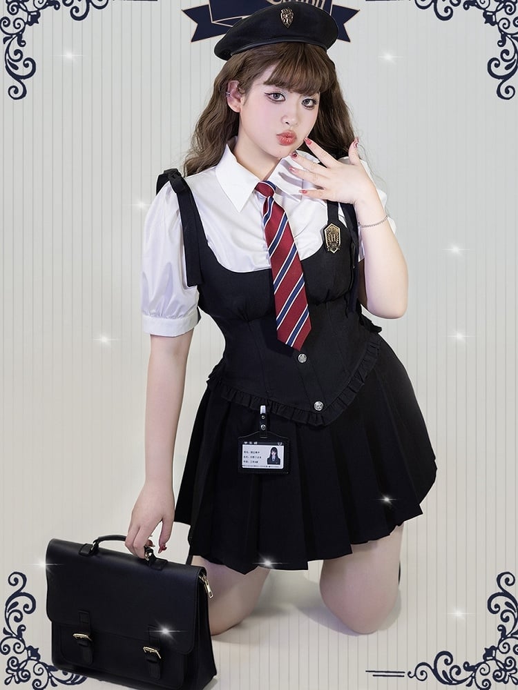 Plus Size Friendly Black Boned Waistcoat with Badge