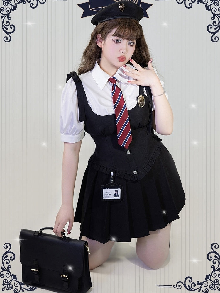 Plus Size Friendly Black Boned Waistcoat with Badge