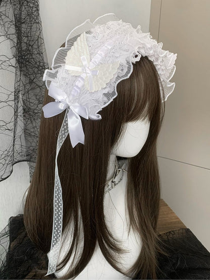 Black/White Wing Decorated Bowknot Details Ruffled Hairband