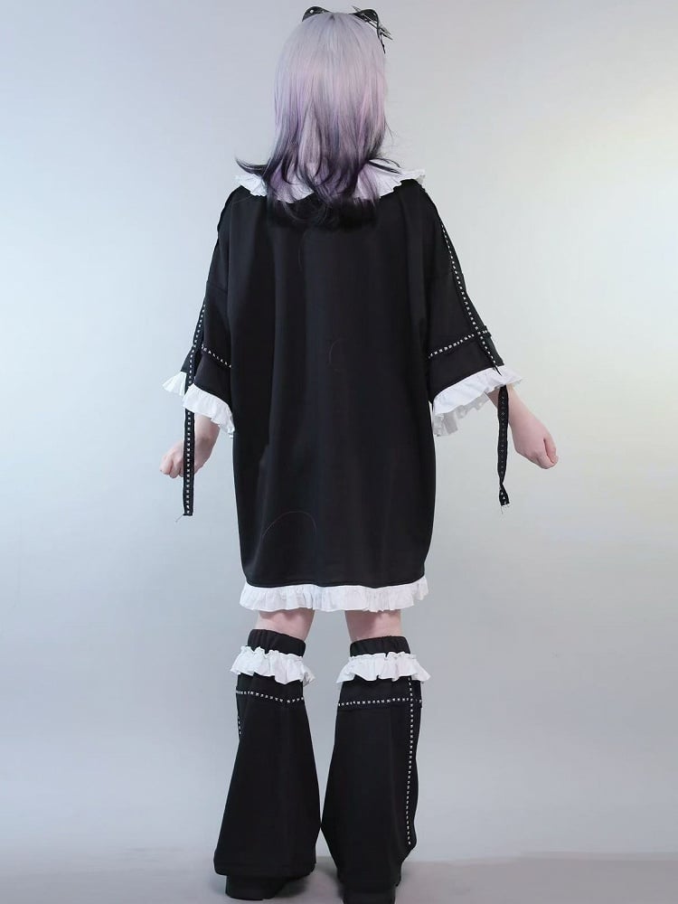 Black Jirai Kei Peter Pan Collar Insect Print Ruffles Trim T-shirt With Studs Decorated Leg Warmers