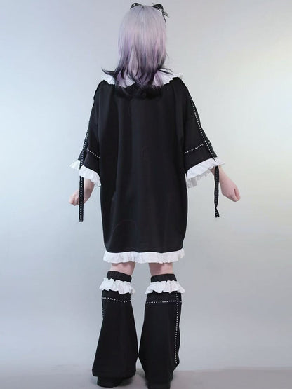 Black Jirai Kei Peter Pan Collar Insect Print Ruffles Trim T-shirt With Studs Decorated Leg Warmers