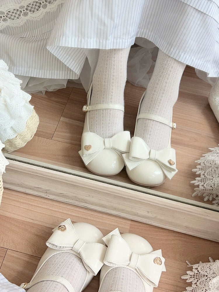 Bow at Top White Round Toe 3cm Heel Sweet Mary Janes