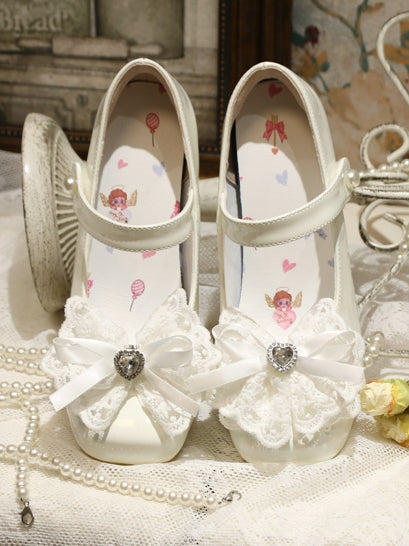 Heart-shaped Hollowed Heel White Elegant Mary Janes with Lace Bowknot Clips