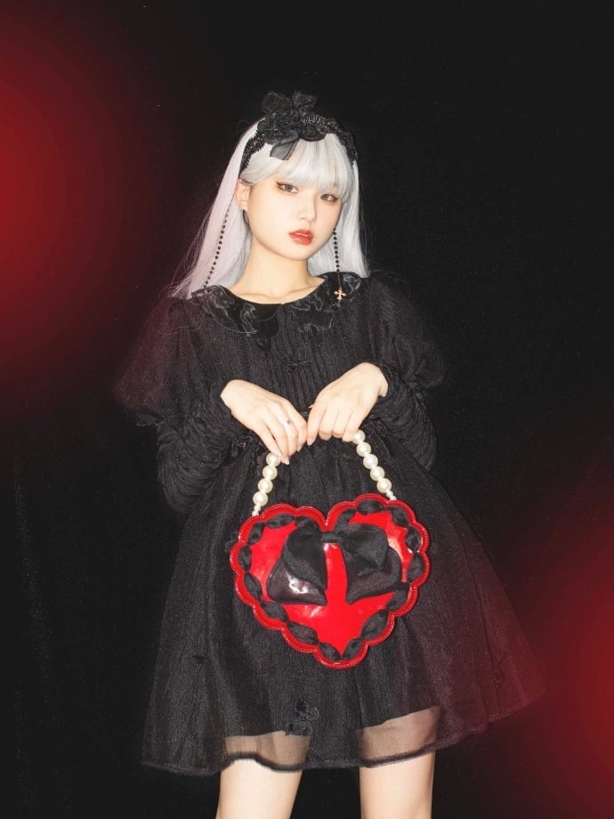 Red Heart-Shaped Lolita Bag with Black Bow & Pearl Handle