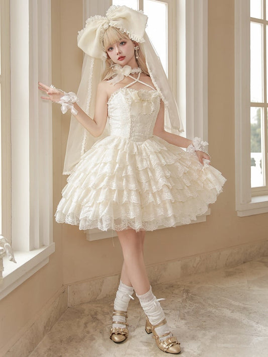 Creamy White Princess Embroidered Scallop Trim Tiered Skirt Lolita Dress