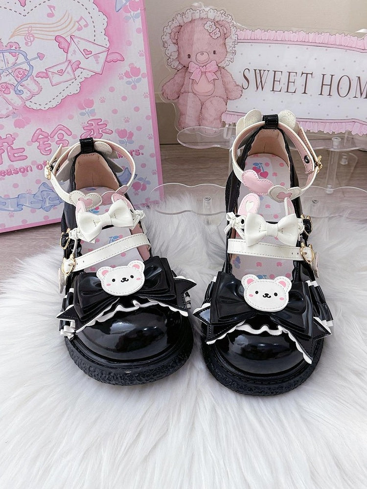 Cute Bear Black Flats in PU - 3cm Flat Heel with Bow Details & Romantic Hearts