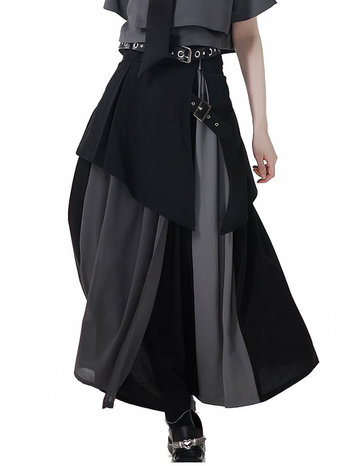 Black and Gray Colorblock Design Elastic Waist Skirt