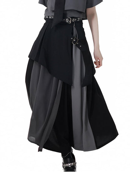 Black and Gray Colorblock Design Elastic Waist Skirt