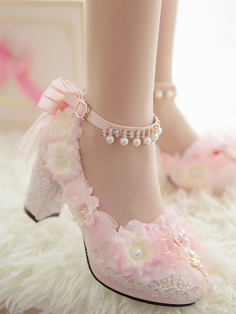 Pink Sakura Hime Lolita Shoes Bow Accents Beaded Detail Princess High Heels