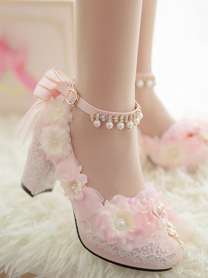 Pink Sakura Hime Lolita Shoes Bow Accents Beaded Detail Princess High Heels