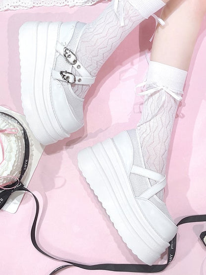 White Crisscross Design Wing Buckles Platforms