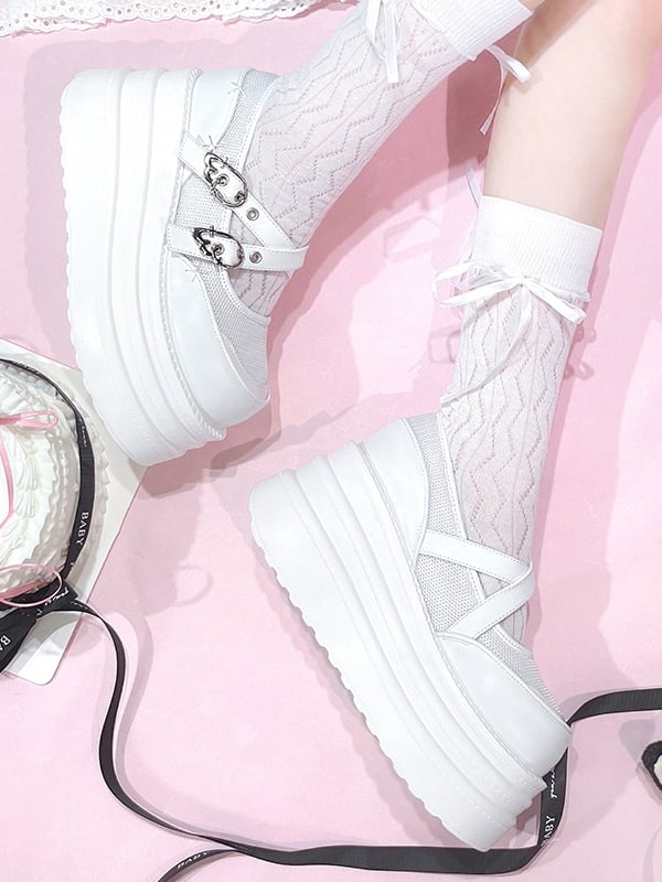 White Crisscross Design Wing Buckles Platforms