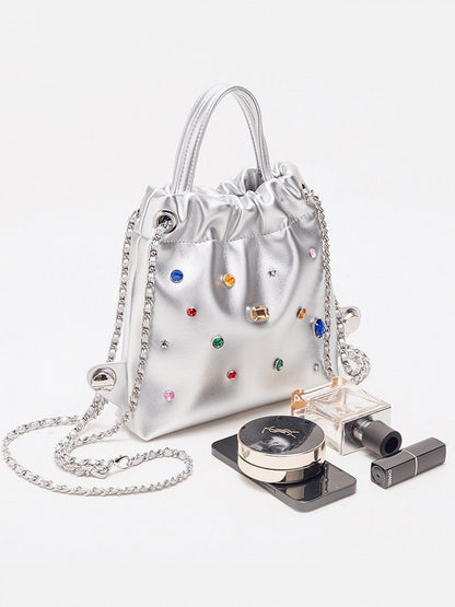 Glamorous Silver Drawstring Backpack With Rhinestone Embellishments