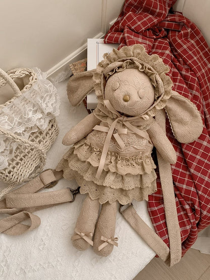 Brown Rosette and Bowknot Embroidery Dress + Bunny Ears Hat