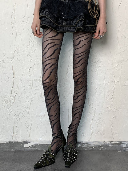 Black Punk Zebra Stripes Shimmering Tights