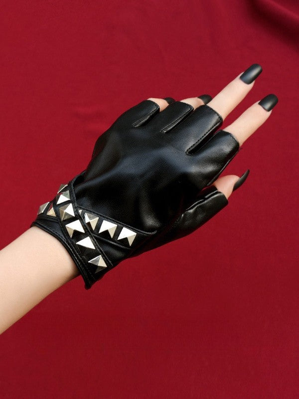 Black/White Steampunk Studs Details Finger Gloves
