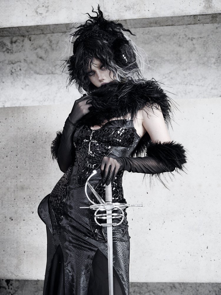 Black Victorian Bustier Bodice Spaghetti Straps Dress Evening Gown PU Leather Mermaid Dress