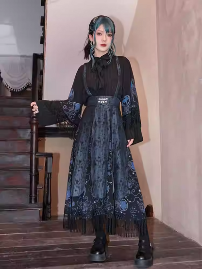 Blue Jellyfish Print Tassel Hem Black Cheongsam Style Skirt Overalls with Detachable Straps
