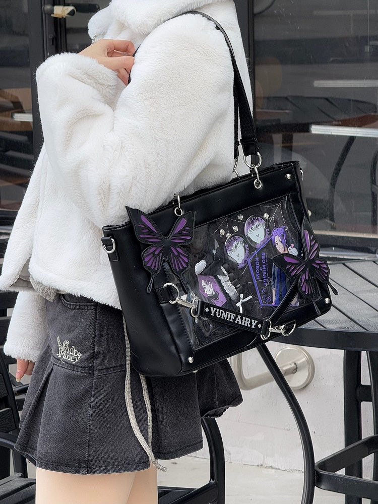 Purple Detachable Butterfly Spiderweb Detail Black Ita Shoulder Bag