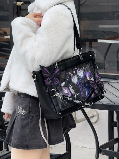 Purple Detachable Butterfly Spiderweb Detail Black Ita Shoulder Bag
