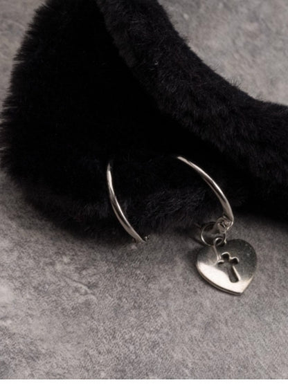 Black Cat Ear With Red Plaid Pattern Bowknot And Heart Charm Details KC