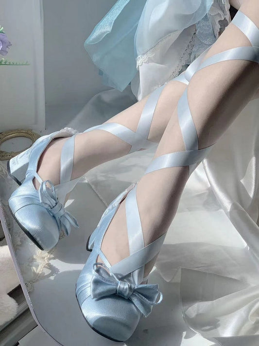 Blue Elegant Bow at Top Mary Janes With Dual Detachable Buckle Ankle Straps