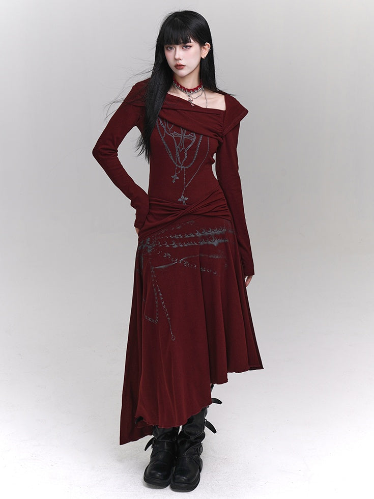 Wine Red Asymmetrical Neckline and Hem Twist Detail Cross Print Dress
